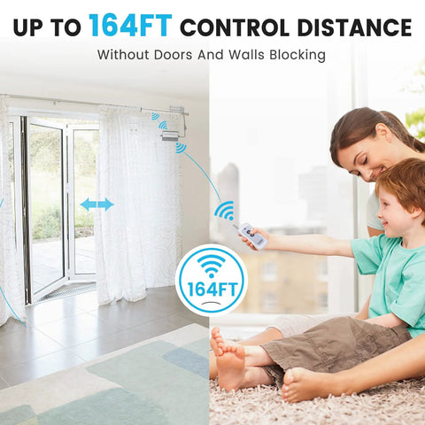 Child using remote to control curtains with wireless actuator controller kit, demonstrating up to 164ft control distance for seamless operation.