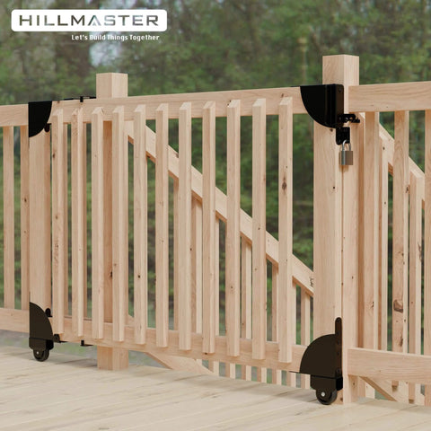 Sliding Gate Kit with Wheel Heavy Duty Fence Gate Frame Hardware on wooden deck with no sag corner brace bracket installed