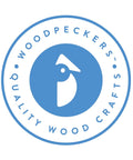 Woodpeckers Quality Wood Crafts blue logo with stylized bird in circle