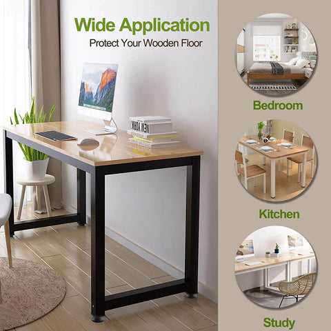 Room setup showing desks with adjustable swivel leveling feet for stability and floor protection in bedroom, kitchen, and study.